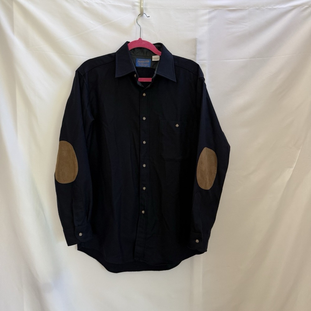 Vintage Pendleton Navy Shirt Wool w Suede Elbow Patches Button Down USA Sz (M)